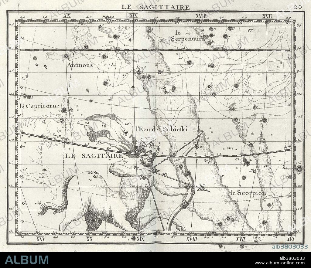 Sagittarius is a constellation of the zodiac, the one containing the galactic center. Its name is Latin for the archer. It is one of the 48 constellations described by the 2nd century astronomer Ptolemy, and remains one of the 88 modern constellations defined by the International Astronomical Union. Sagittarius is commonly represented as a centaur drawing a bow. Sagittarius is the ninth astrological sign, which is associated with the constellation Sagittarius. It spans the 240-270th degree of the zodiac, between 234.75 and 270 degree of celestial longitude, which the Sun transits on average between November 23 to December 21 each year. The Atlas Coelestis is a star atlas published posthumously in 1729, based on observations made by the First Astronomer Royal, John Flamsteed. The Atlas, the largest that ever had been published and the first comprehensive telescopic star catalogue and companion celestial atlas, contains 26 maps of the major constellations visible from Greenwich, with drawings made in the Rococo style by James Thornhill. One of his main motivations to produce the Atlas, was to correct the representation of the figures of the constellations, as made by Bayer's, Uranometria (1603). Bayer represented the figures viewed from behind (not from the front, as was done since the time of Ptolemy), which reversed the placement of stars and created unnecessary confusion.