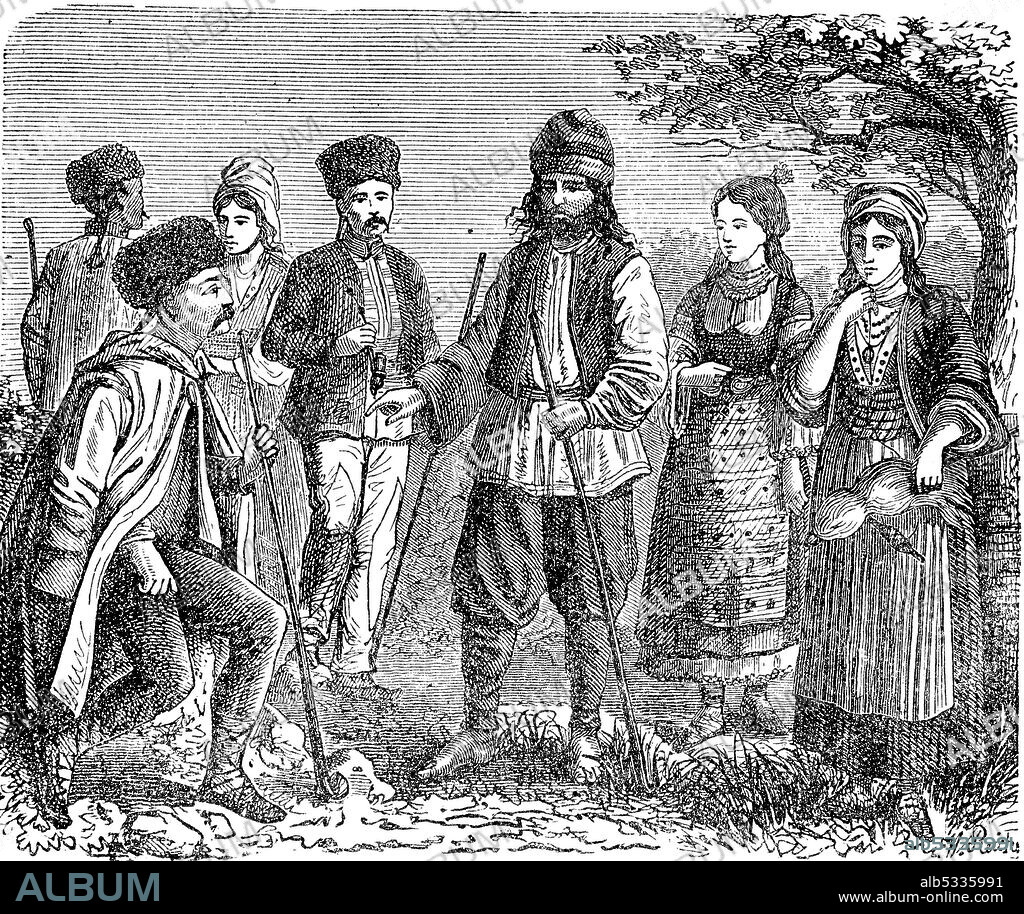 People in traditional clothes from Bulgaria, around 1880  /  Leute in traditioneller Kleidung aus Bulgarien, um 1880, Historisch, historical, digital improved reproduction of an original from the 19th century / digitale Reproduktion einer Originalvorlage aus dem 19. Jahrhundert.