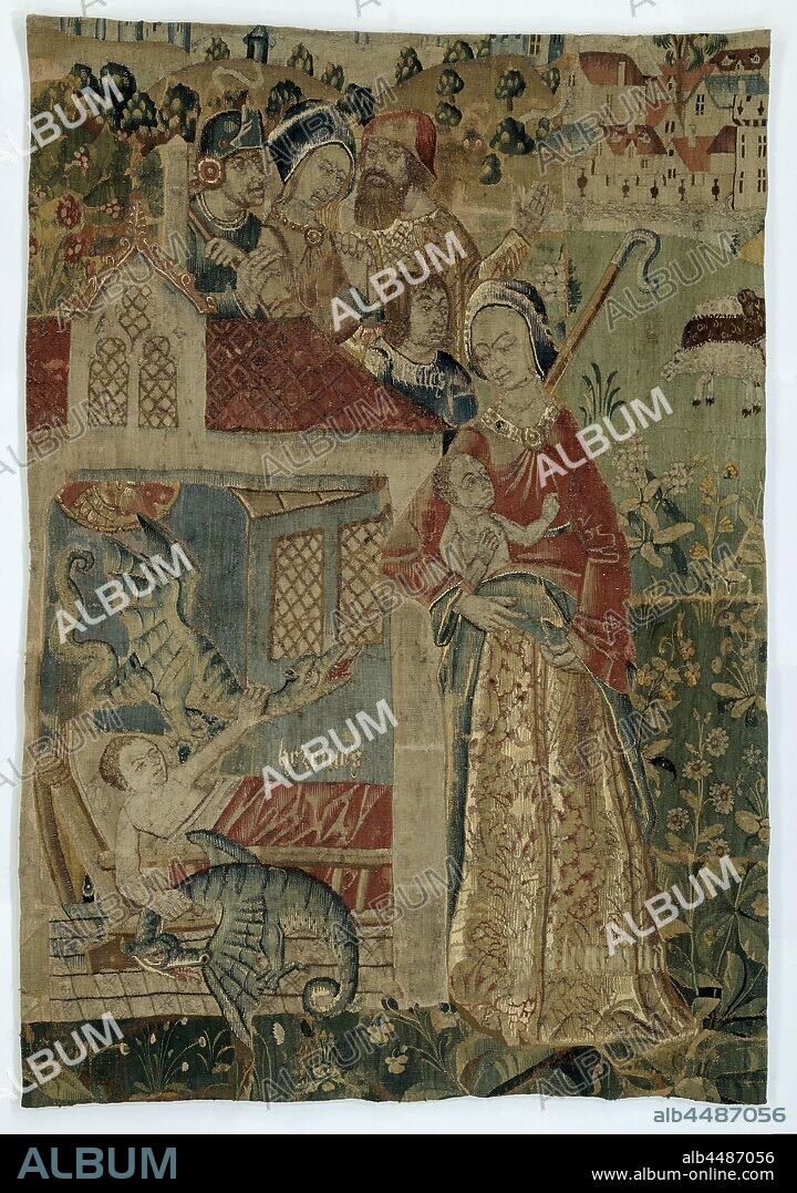 Hercules strangles two snakes in its cradle, The history of Hercules (series title), Fragment of a tapestry with Hercules: the snake strangulation. In a landscape with tall flowering plants on a green background there is a view into a blue room, where on the tiled floor there is a small bed with child, according to the inscription, HERCULES. Above Hercules a snake in the shape of a blue-green dragon, on the floor next to the bed the second ditto, both gurgling under the strangling force of Hercules hands. Above a grid window a vault starter, half a tipper visible on the back wall. The roof has a roof window. Depicted to the right and larger than the house, is a woman in suspended red velvet tabard, with a red brocade slant, in which woven ALCMNENA. She is carrying a child on her arm, perhaps the earthly twin brother Iphicles. On the second plan behind the house, and only visible to the upper part, a boy with inscription HERCULES, behind it are two men with a woman in their midst who holds their hands together. In the background green meadow with sheep, hills with trees and a number of houses, within a canal and a tilted wall., anonymous, Southern Netherlands, c. 1485 - 1505, ketting, inslag, tapestry, h 198.5 cm × w 136.0 cm.