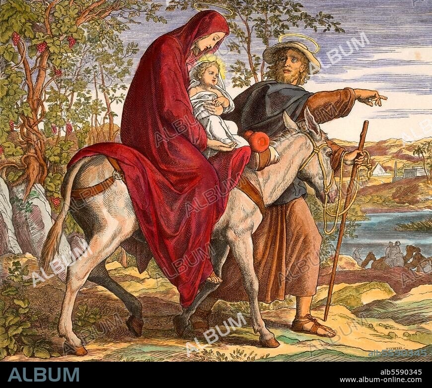 JULIUS SCHNORR VON CAROLSFELD. Schnorr von Carolsfeld, Julius. 1794-1874. "Die Flucht nach Ägypten". Matthäus 2,14-15. Holzschnitt, spätere Kolorierung. Aus: Die Bibel in Bildern, Leipzig. (Georg Wigand) 1860, Bl. 171. Berlin, Sammlung Archiv für Kunst und Geschichte.