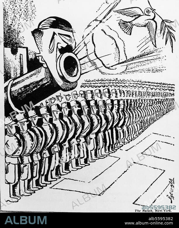 ANONYM. Hitler, Adolf; Politiker (NSDAP). 1889-1945. Karikatur auf Hitler als Militarist. Aus: The Nation, New York, Frühjahr. 1933.