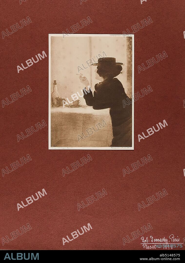Robert Demachy, L. Angerer, Wilhelm Knapp, woman with cigarette, old stock, paper, cardboard, heliogravure, sheet size: height: 15.00 cm; width: 11.00 cm, inscribed: recto: handwritten on the cardboard: Rob. Demachy, Paris. Placat - 1898. in print: Photographische Rundschau 1899, Teaching Collection of the State Picture Gallery Hamburg, monogrammed: in print and left: RD, portrait photography, artistic photography, half-length portrait, profile (side view), cigarette.
