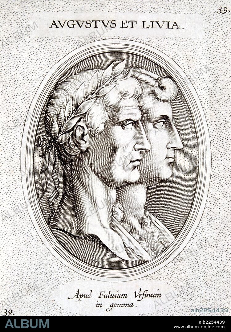 AUGUSTO, CESAR OCTAVIO. EMPERADOR ROMANO. 63 AC - 14 DC. GRABADO DE " ILLUSTRIUM IMAGINES ", 1606 , JUNTO A SU ESPOSA LIVIA , 55 AC - 29 DC. BIBLIOTECA NACIONAL. MADRID.