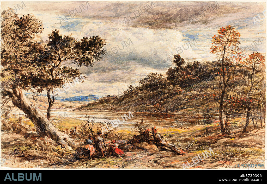 JOHN LINNELL. Travelers Resting by a Fallen Tree. Dated: 1852. Dimensions: Overall: 17 x 27 cm (6 11/16 x 10 5/8 in.)  mat: 40.6 x 55.9 cm (16 x 22 in.). Medium: watercolor and gouache with pen and brown ink over graphite on wove paper.