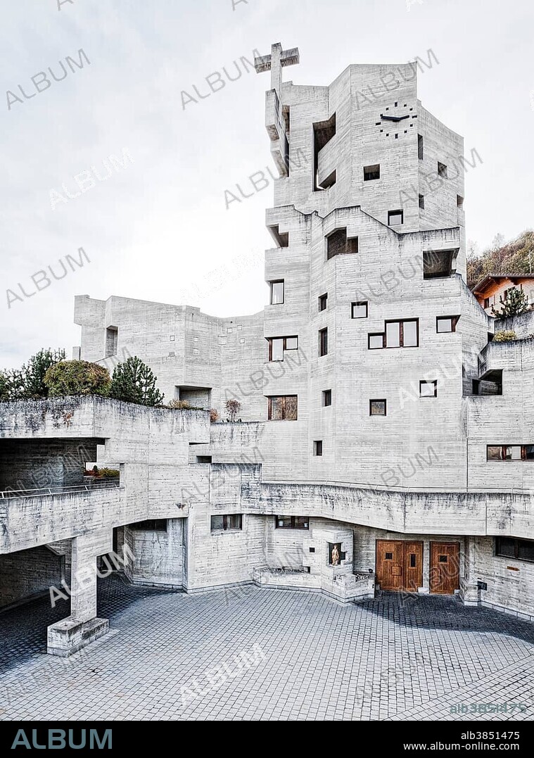 Courtyard of the Church of St. Nicolas, made of concrete, architect Walter Maria Förderer, Hérémence, Valais, Switzerland, Europe.
