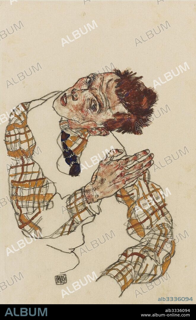 EGON SCHIELE. Self-portrait with checkered shirt.
