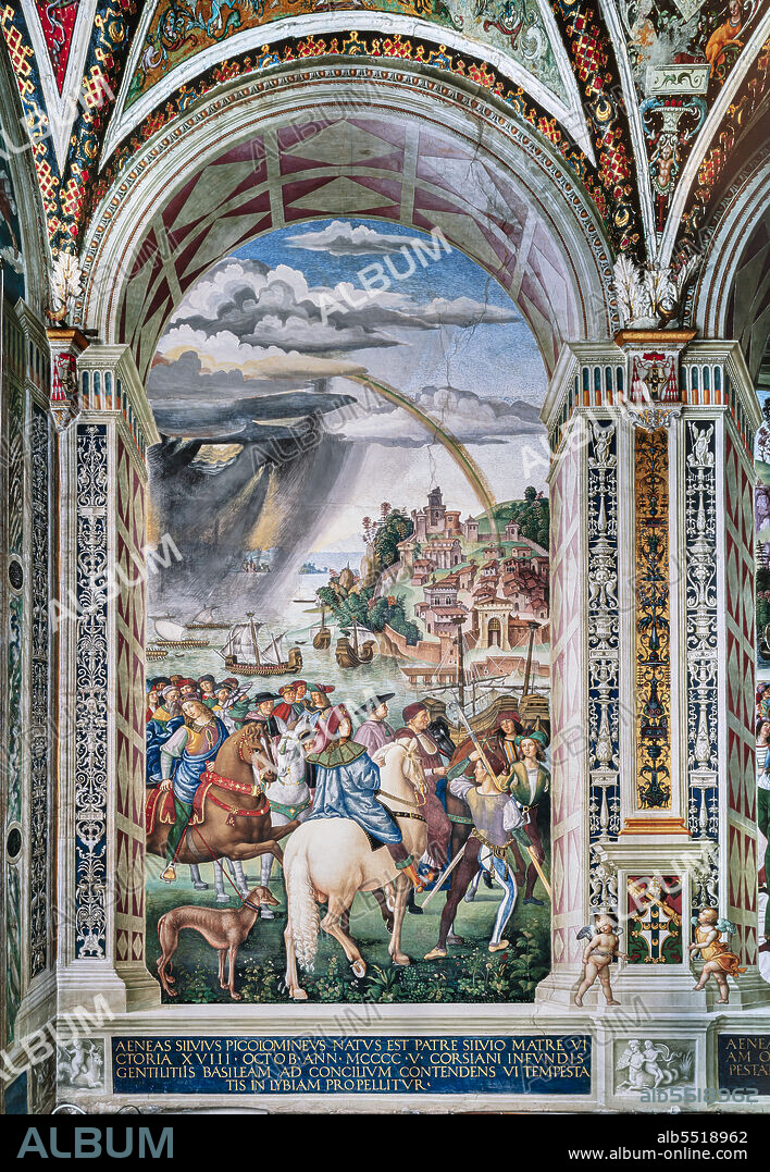 The Piccolomini Library, north east wall: Aeneas Sylvius journeys to the Council of Basel, winter 1432, the first one of the ten stories about Aeneas Sylvius Piccolomini, future Pope Pius II, (1503 - 1508), fresco by Bernardino di Betto, known as Pinturicchio.