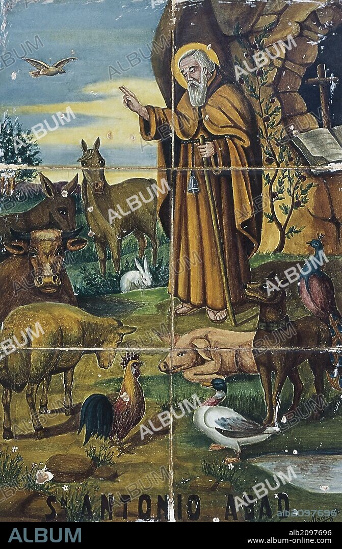 ANTONIO ABAD, San (Qeman, 251-356), llamado "el Ermitaño". Fue uno de los fundadores de la vida monástica cristiana. CERAMICA CON LA REPRESENTACION DEL SANTO RODEADO DE ANIMALES. PUEBLA DE SAN MIGUEL. Provincia de Valencia. Comunidad Valenciana. España.