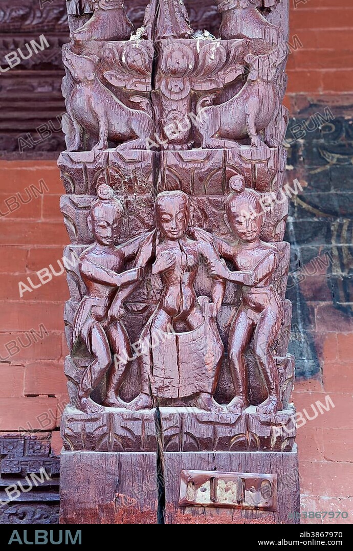 Erotic wood carvings at Bachhareshwari temple, Pashupatinath temple complex, Kathmandu, Nepal, Asia.