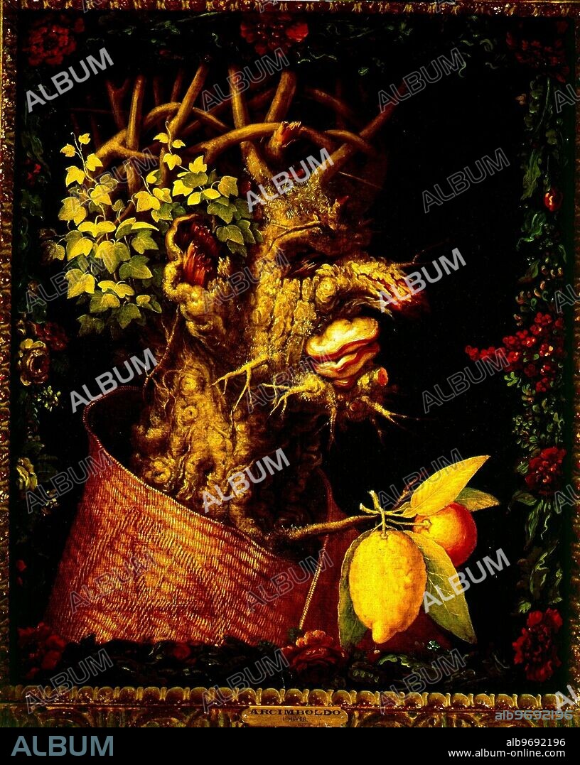 Winter, (oil on canvas) painted in 1573 by Arcimboldo, Giuseppe (1527-93) - Paris, Louvre. Giuseppe Arcimboldo of Milan created still life paintings that were also portraits. The composition of fruit or tables was arranged into human forms. The cycle of Four Seasons paintings he repeated many times with each season depicted as a person. These paintings were called 'fantasy' or 'invention' paintings and were popular at the Imperial court at Vienna and Prague. The artist created his representation of a season by combining individual, and realistically depicted fruits or flowers in an unusual way - ©TopFoto.