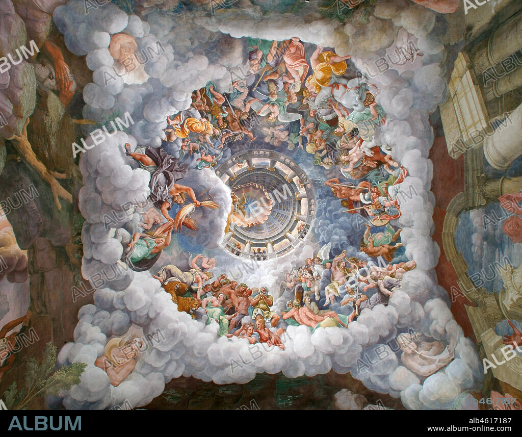 Mantua, Palazzo Te (Gonzaga's summer residence), Sala dei Giganti (Chamber of the Giants): view of the vault with Zeus who, surrounded by other gods of Olympus, flings lightnings against the Giants and destructing them. Frescoes by Giulio Romano (1526 - 1528).