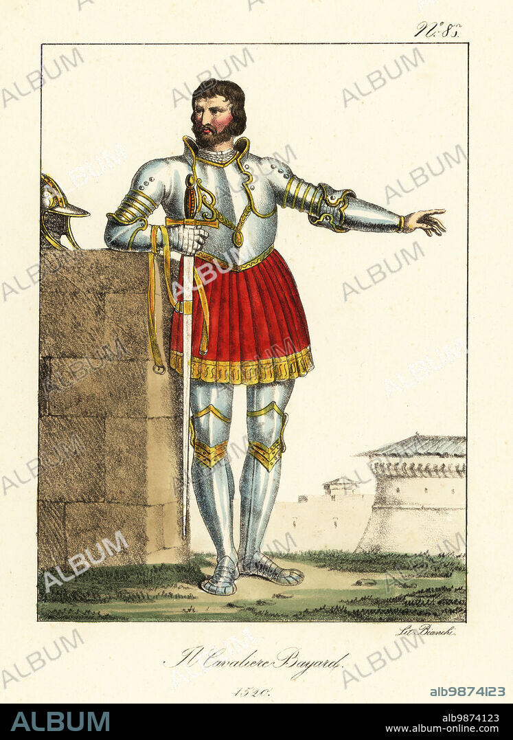 Pierre Terrail, seigneur de Bayard, c. 1476-1524, French knight and commander. In suit of plate armour with gold trim, red skirts, helm and sword. Le Chevalier Bayard, 1520. Handcoloured lithograph by Lorenzo Bianchi after Hippolyte Lecomte from Costumi civili e militari della monarchia francese dal 1200 al 1820, Naples, 1825. Italian edition of Lecomtes Civilian and military costumes of the French monarchy from 1200 to 1820.