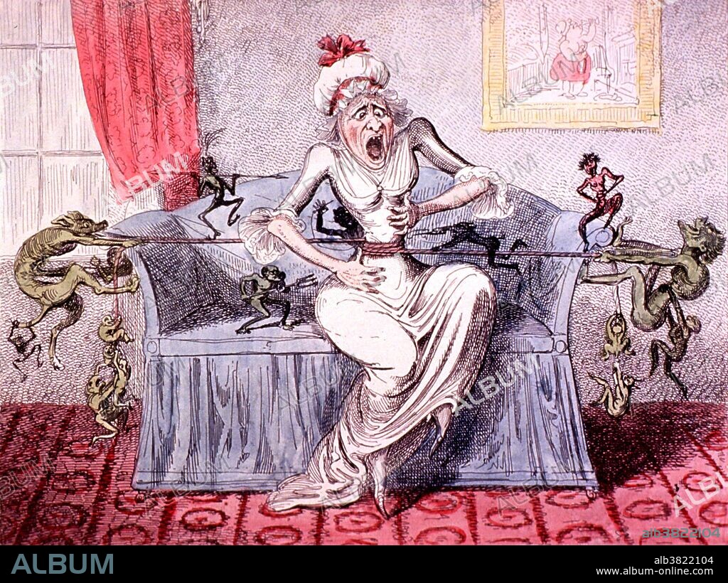 A woman sitting on a sofa is clutching her abdomen and shrieking from the pain resulting from a rope that is being pulled in opposite directions by little demons, thereby constricting her waist. Colic or cholic is a form of pain which starts and stops abruptly. It occurs due to muscular contractions of a hollow tube (colon, ureter, gall bladder, etc.) in attempt to relieve the obstruction by forcing content out. It may be accompanied by vomiting and sweating. Etching by George Cruikshank, 1819. Satire is a genre of literature, and sometimes graphic and performing arts, in which vices, follies, abuses, and shortcomings are held up to ridicule, ideally with the intent of shaming individuals, corporations, government or society itself, into improvement.