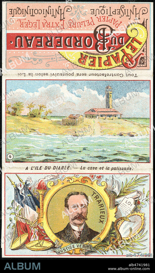 'A l'ile du Diable - La case et la palissade.' - TRARIEUX (19-20 s.). Illustration anonyme vers 1906 pour une pochette de papiers a cigarette 'Le Papier du Bordereau.' Credit: Collection IM/KHARBINE-TAPABOR.