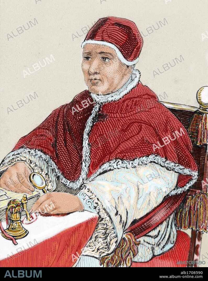 LEON X (1475-1521). Papa italiano (1513-1521), hijo de Lorenzo el Magnífico (Lorenzo de' Medici). Prosiguió las tareas del V Concilio de Letrán. En el año 1520 excomulgó a Lutero. S. XVI. Grabado coloreado del siglo XIX.