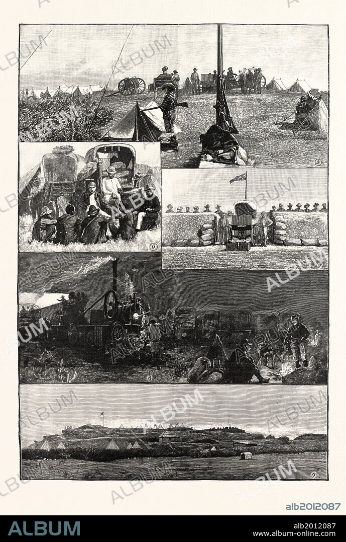 THE BRITISH SOUTH AFRICA COMPANY'S EXPEDITION TO MASHONALAND: 5. Top of Fort Tuli (July 1890), showing Search-Light and Guns. 6. Interviewing Spies; Dr. Jameson, Colonel Pennefather, and the Rev. Mr. Hartman, interpreter. 7. Entrance to Fort Charter. 8. Electric Search-Light and Part of Laager, near the Tuli River. 9. Fort Tuli (October 1890).
