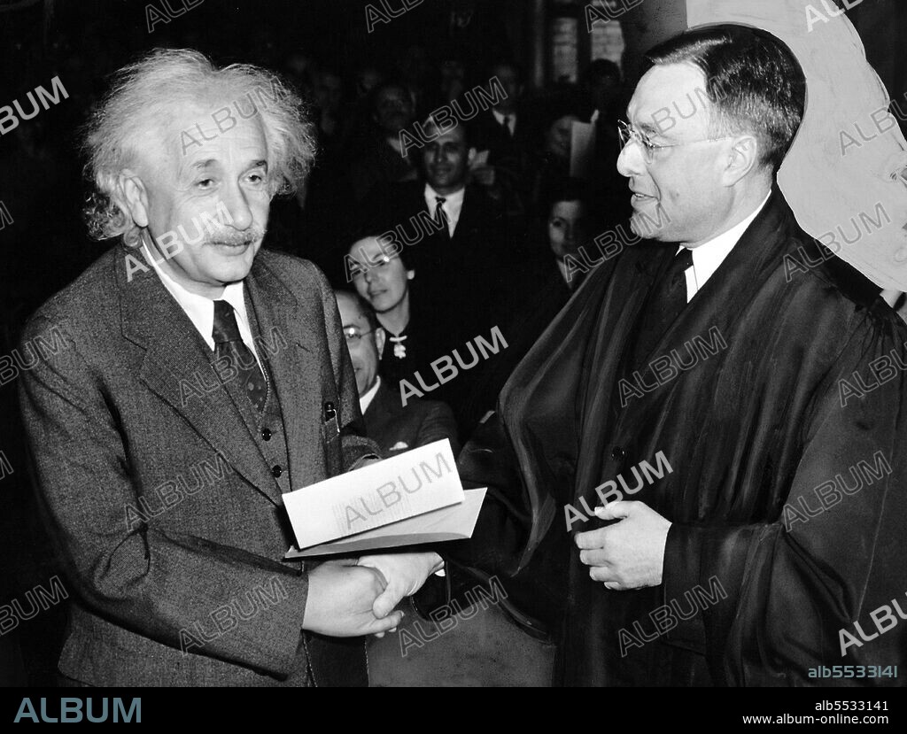 Albert Einstein (14 March 1879 – 18 April 1955) was a German-born theoretical physicist and philosopher of science. He developed the general theory of relativity, one of the two pillars of modern physics (alongside quantum mechanics). He is best known in popular culture for his mass–energy equivalence formula E = mc2 (which has been dubbed 'the world's most famous equation'). He received the 1921 Nobel Prize in Physics 'for his services to theoretical physics, and especially for his discovery of the law of the photoelectric effect'. The latter was pivotal in establishing quantum theory. Einstein was visiting the United States when Adolf Hitler came to power in 1933 and, being Jewish, did not go back to Germany, where he had been a professor at the Berlin Academy of Sciences. He settled in the USA, becoming an American citizen in 1940. On the eve of World War II, he endorsed a letter to President Franklin D. Roosevelt alerting him to the potential development of 'extremely powerful bombs of a new type' and recommending that the U.S. begin similar research. This eventually led to what would become the Manhattan Project. Einstein published more than 300 scientific papers along with over 150 non-scientific works. His intellectual achievements and originality have made the word 'Einstein' synonymous with genius.