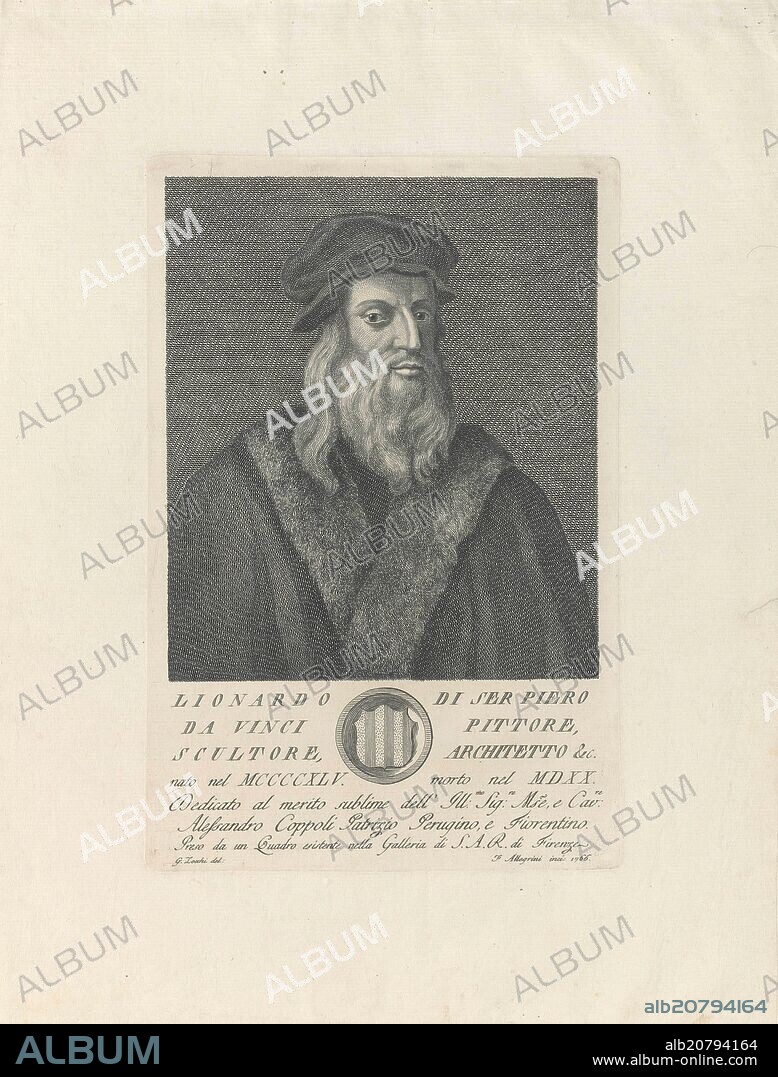 FRANCESCO ALLEGRINI. PORTRAIT OF LEONARDO DA VINCI - PAINTED IN THE 17TH CENTURY AND ENGRAVED IN THE 18TH CENTURY.