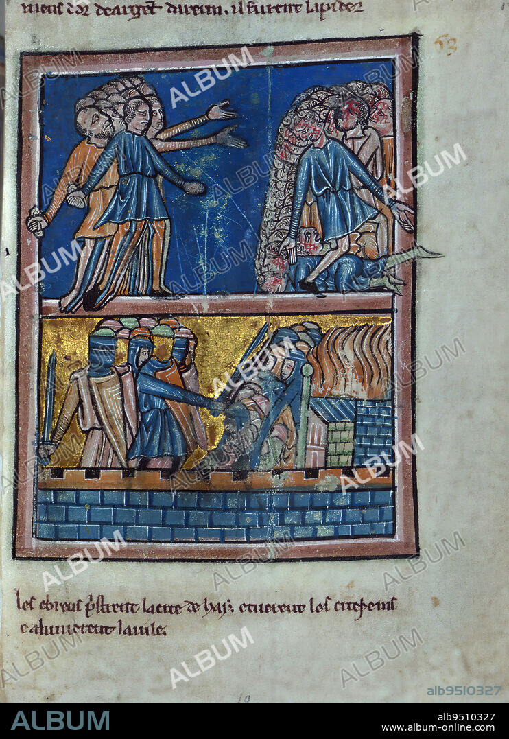 Illuminated Manuscript, Bible Pictures by William de Brailes, The Stoning of Achan and The Capture of Ai, A volume comprising twenty-four leaves of Bible Pictures by W. de Brailes, an English artist active in Oxford in the middle of the thirteenth century. Seven leaves from the same set of images are now in the Musee Marmottan in Paris. These 31 leaves are all that remain of an image cycle that once contained at least 98 miniatures, and which was the longest cycle of Bible miniatures surviving from the thirteenth century in England. In all probability these Bible Pictures were actually prefatory matter to a Psalter, now Stockholm, National Museum, Ms. B.2010. De Brailes also composed and wrote the captions that accompany many of the images. W. de Brailes is one of only two English artists of the thirteenth century whose name we can associate with surviving works. 11 manuscripts have been identified that contain miniatures in his hand. De Brailes has a quirky and chatty style, and he was extremely gifted at turning Bible Stories into paint.