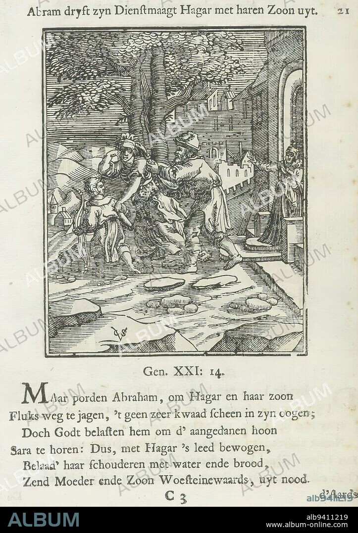 Abraham drives out Hagar and Ishmael, Abram dryft zyn dienstmaagt Hagar met haren zoon uyt (title on object), Abraham sends away Hagar and his first son Ishmael with a water bag at the request of his wife Sara. Sarah stands in the doorway with her youngest son Isaac on her arm. Above the scene a title. Below, six verses and a reference to Genesis 21:14. The print is part of an album., print maker: Christoffel van Sichem (II), (mentioned on object), print maker: Christoffel van Sichem (III), (mentioned on object), after print by: Georg Pencz, print maker: Amsterdam, print maker: Amsterdam, after print by: Germany, after own design by: Germany, publisher: Amsterdam, c. 1645 - c. 1646 and/or 1740, paper, letterpress printing, height 108 mm × width 86 mm, height 167 mm × width 127 mm.