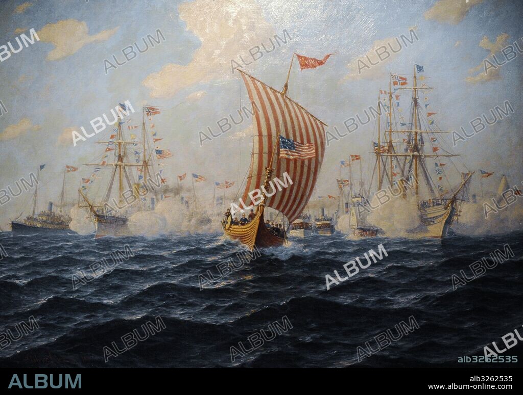 Hjalmar Hohnssen (1852-1901). Viking arrives in Chicago, 1808, after having crossed the Atlantic, captained by Magnus Andersen in 1893. Celebration of the 400th anniversary of the discovery of America. Norwegian Maritime Museum. Oslo. Norway.