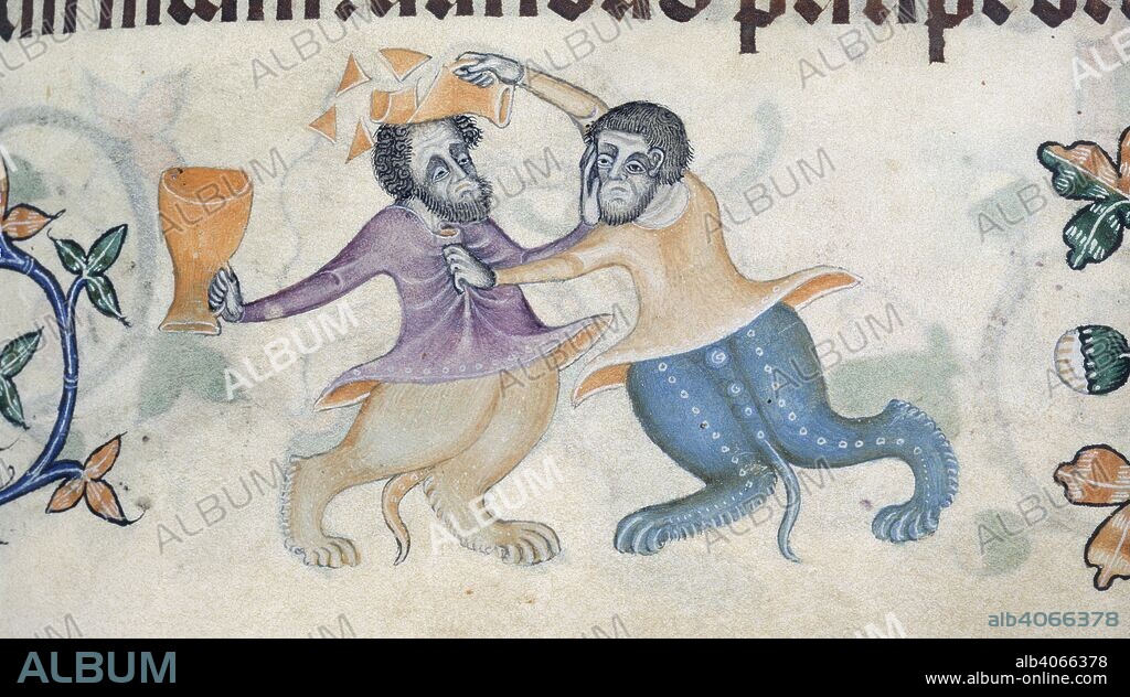 Fighting with pitchers. Luttrell Psalter. England [East Anglia]; circa 1325-1335. [Detail] Lower margin. Two grotesques fight with earthenware pitchers; one breaking his pitcher over the other's head..  Image taken from Luttrell Psalter.  Originally published/produced in England [East Anglia]; circa 1325-1335. . Source: Add. 42130, f.153. Language: Latin.