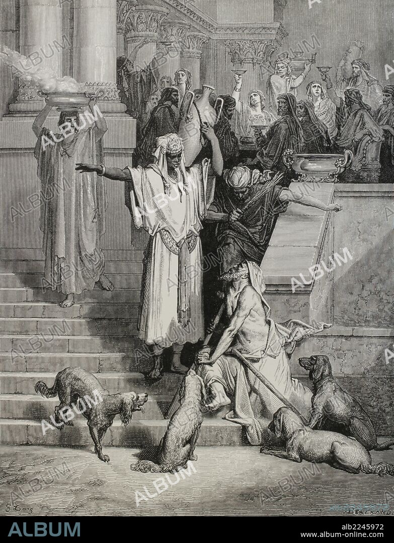 PAUL GUSTAVE DORÉ. NUEVO TESTAMENTO. "PARABOLA DEL RICO EPULON Y EL POBRE LAZARO" de Jesús de Nazaret. Evangelio de Lucas, Cap. 16. Dibujo de Gustavo Doré.