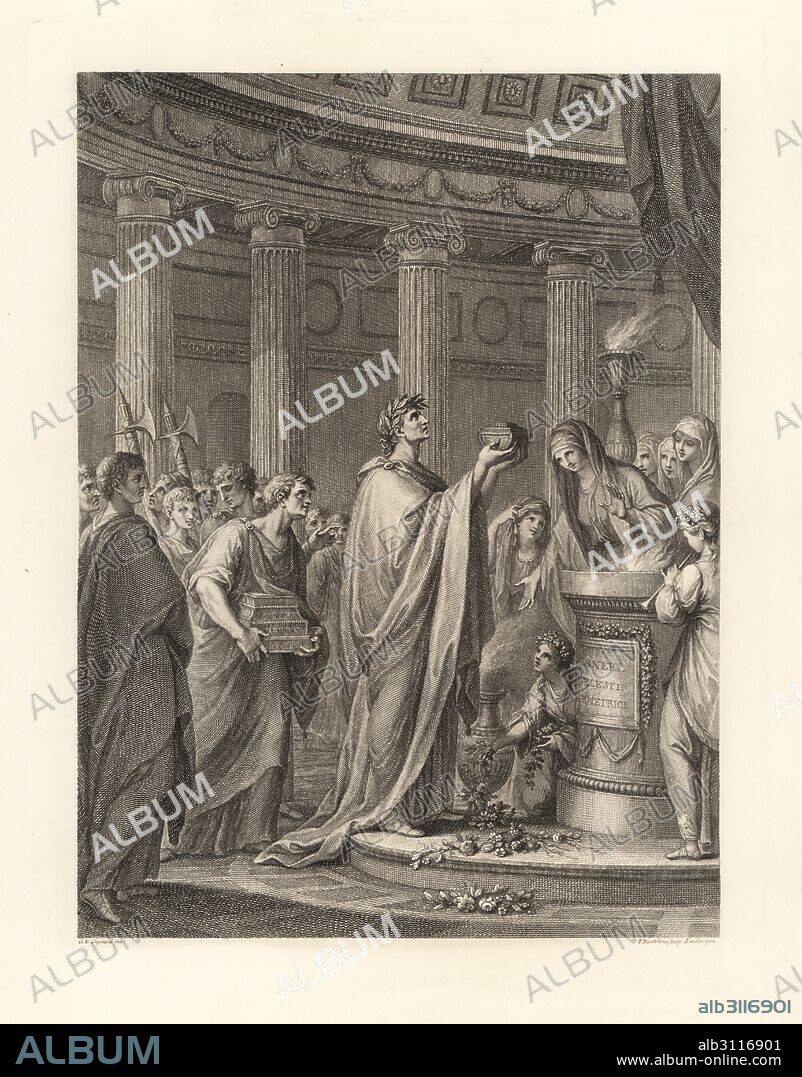 Roman general Julius Caesar dedicating the Temple of Venus Genetrix in the Forum of Caesar, Rome, 46BC. Copperplate engraving by Francesco Bartolozzi after a design by Giovanni Battista Cipriani from 108 Plates of Antique Gems, 1860.