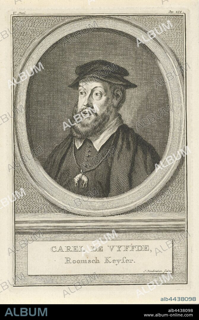 Portrait of Charles V of Habsburg Carel de Vyffde, Roomsch Keyser (title on object), Charles V of Habsburg, emperor, of the Holy Roman Empire, around his neck the sign of the Order of the Golden Fleece. Bust to the right, in an oval frame resting on a plinth. Above left: V. Part. Above right: Pag. 434., knighthood order of the Golden Fleece - insignia of a knighthood order, eg .: badge, chain (with NAME of order), Charles V of Habsburg (German emperor and king of Spain), Jacob Houbraken (mentioned on object), Amsterdam, 1749 - 1759 and/or 1790 - 1796, paper, engraving, h 177 mm × w 115 mm.
