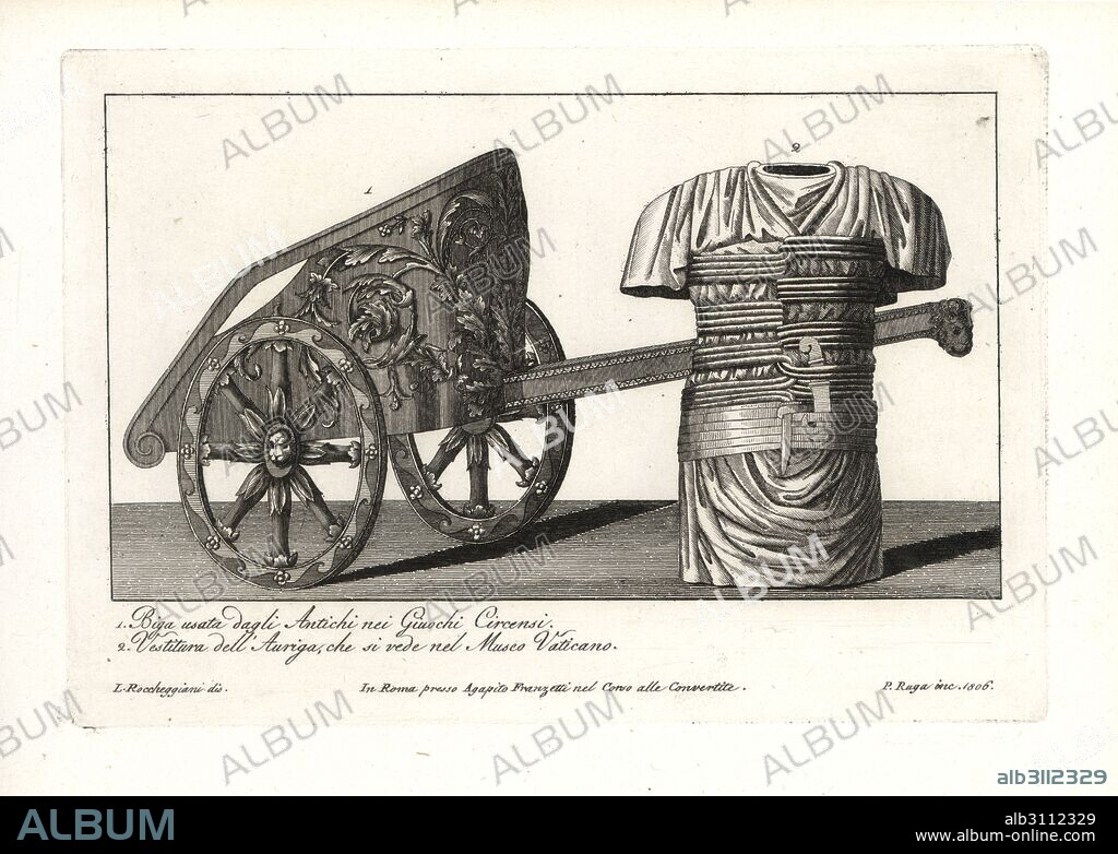 Roman two-horse chariot (Biga) used in Giuochi Circus, and tunic and breastplate of corded leather worn by an Auriga (charioteer) from the Vatican Museum. Copperplate engraving by Pietro Ruga after an illustration by Lorenzo Rocceggiani from his own 100 Plates of Costumes Religious, Civil and Military of the Ancient Egyptians, Etruscans, Greeks and Romans, Franzetti, Rome, 1802.