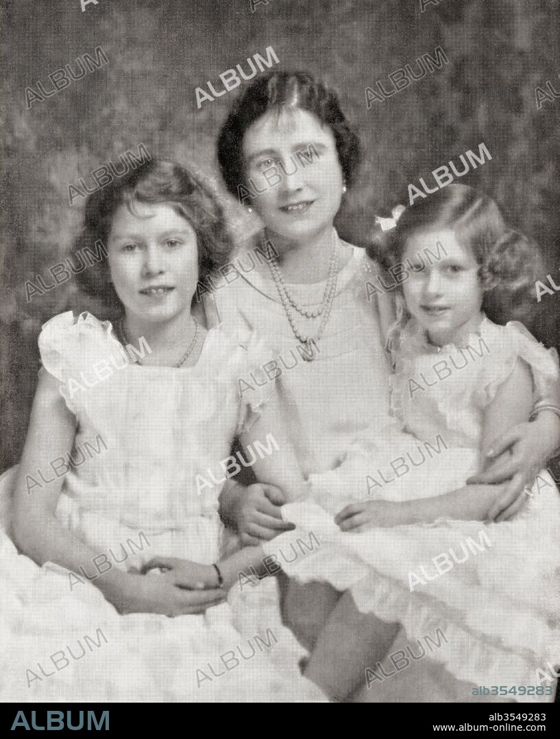 Queen Elizabeth with her daughters Princess Elizabeth, future Queen Elizabeth II, left and Princess Margaret, right, in 1937. Queen Elizabeth, The Queen Mother. Elizabeth Angela Marguerite Bowes-Lyon, 1900 –2002. Wife of King George VI and the mother of Queen Elizabeth II. Princess Elizabeth future Elizabeth II; born 1926. Queen of the United Kingdom, Canada, Australia and New Zealand. Princess Margaret, Margaret Rose; 1930 – 2002, aka Princess Margaret Rose. Younger daughter of King George VI and Queen Elizabeth. From a photograph.