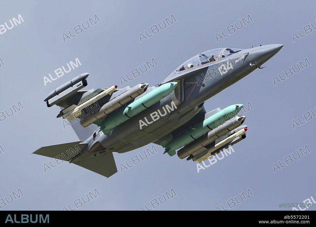 Yakovlev Yak-130 training aircraft of the Russian Air Force taking off, Zhukovsky, Moscow Region, Russia.