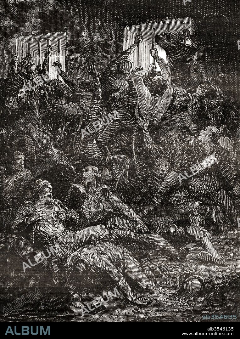The suffering and death due to poor ventilation, of English prisoners in the Black Hole of Calcutta, a small dungeon in the old Fort William in Calcutta, India, where troops of the Nawab of Bengal, Siraj ud-Daulah, held British prisoners of war after the capture of the fort on 20 June 1756. From Les Merveilles de la Science, published c. 1870.
