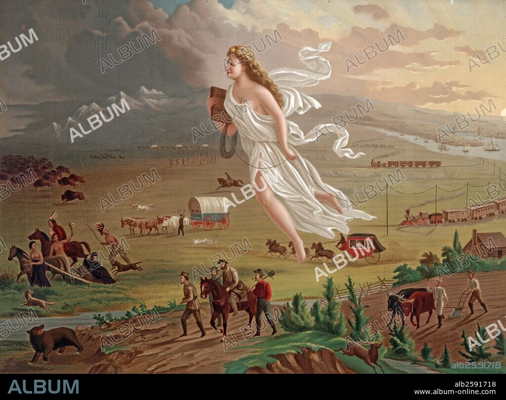 Painting, Manifest Destiny. Shows a female figure, Potentially an angel, leading the pioneers westward. They travel by foot, stagecoaches and railways. On their journey they encounter Native Americans and herds of bison.
