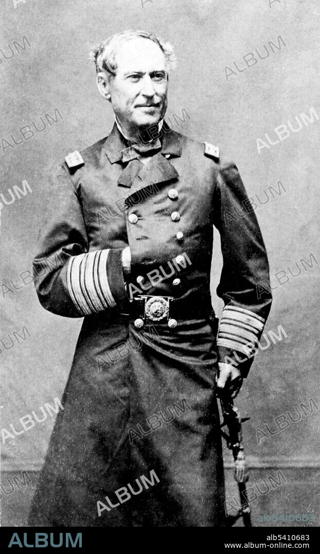 In the uniform of Admiral. David Glasgow Farragut (July 5, 1801 - August 14, 1870) was a flag officer of the United States Navy during the American Civil War. He was the first rear admiral, vice admiral, and admiral in the USN. He is remembered for his order at the Battle of Mobile Bay usually paraphrased as "Damn the torpedoes, full speed ahead". Farragut's naval career began as a midshipman when he was nine years old, and continued for 60 years until his death at the age of 69. He remained on active duty for life, an honor accorded to only seven other USN officers after the Civil War. (cropped and cleaned).