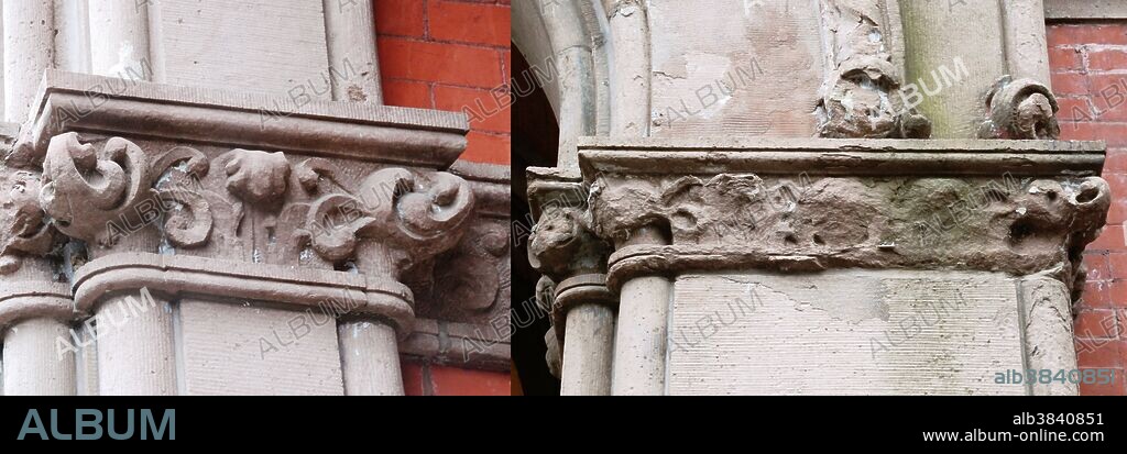 A "before and after" image showing the effects of acid rain on building details from a city block of identical 19th century brownstones on Bedford Avenue. Some of the buildings had been restored to their original state (left) and the other shows pre-restoration acid rain damage (right).