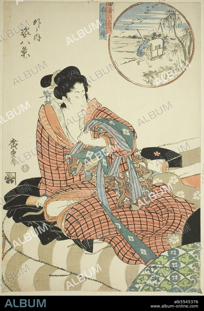 ANDO HIROSHIGE. Descending Geese at the Rice Fields (Tanbo no rakugan) and Evening Bell of the Morning After (Kinuginu no bansho), from the series "Eight Views of Figures Inside and Outside (Soto to uchi sugata hakkei)", 19th century.