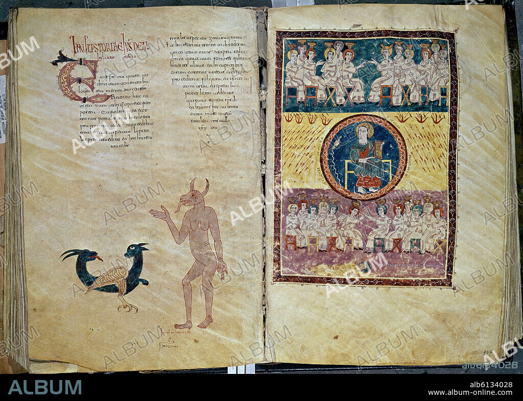 BEATUS OF LIÉBANA. BEATO DE SAN SALVADOR DE TABARA, VISION DE DIOS ENTRONIZADO, ANCIANOS Y MAR DE VIDRIO, 975- COMENTARIOS AL APOCALIPSIS.