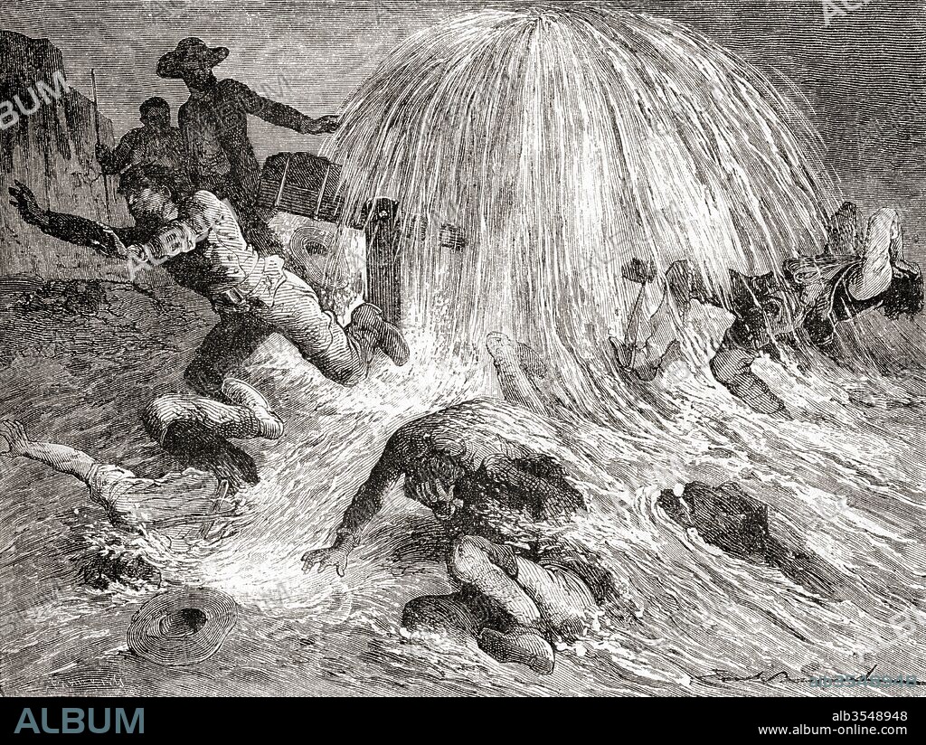 Edwin Laurentine Drake aka Colonel Drake, (1819 – 1880), discovering oil in 1858 in Titusville, Pennsylvania, U.S.A. whilst working for the Seneca Oil Company. From Les Merveilles de la Science, published c. 1870.