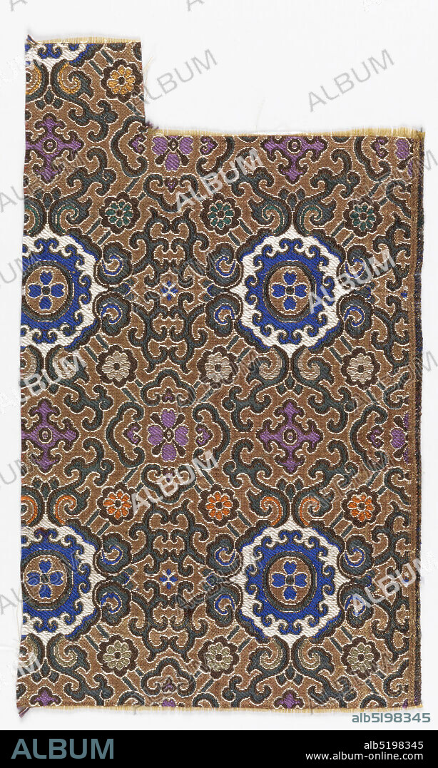 Fragment, Medium: silk Technique: plain compound satin, Allover geometric latticework design in blue, purple, green and light gray on a tan ground., China, 19th century, woven textiles, Fragment.