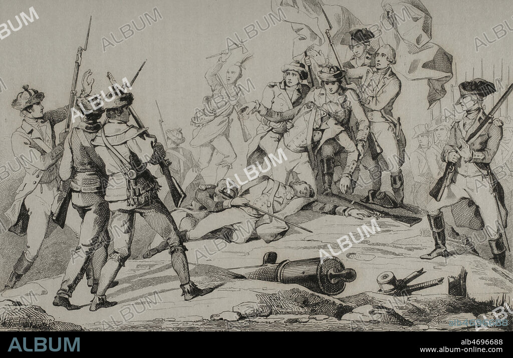 American Revolutionary War (1775-1783). Invasion of Canada, 1775. Patriot army, led by Colonel Benedict Arnold (1741-1801) and General Richard Montgomery (1738-1775), attempted to gain military control of the British province of Quebec. Death of General Richard Montgomery during the Battle of Quebec (December 31, 1775), in which the American revolutionaries were defeated. Engraving by Vernier. Panorama Universal. History of the United States of America, from 1st edition of Jean B.G. Roux de Rochelle's Etats-Unis d'AmŽrique in 1837. Spanish edition, printed in Barcelona, 1850.