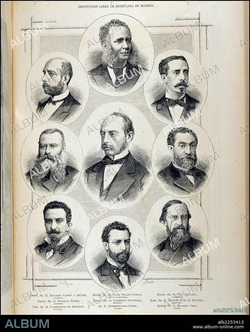 FIGUEROLA , LAUREANO. POLITICO ESPAÑOL. CALAFAF 1816 - 1903. " INSTITUCION LIBRE DE ENSEÑANZA EN MADRID ". EL SEÑOR FIGUEROLA EN EL CENTRO. GRABADO DE LA ILUSTRACION ESPAÑOLA Y AMERICANA.