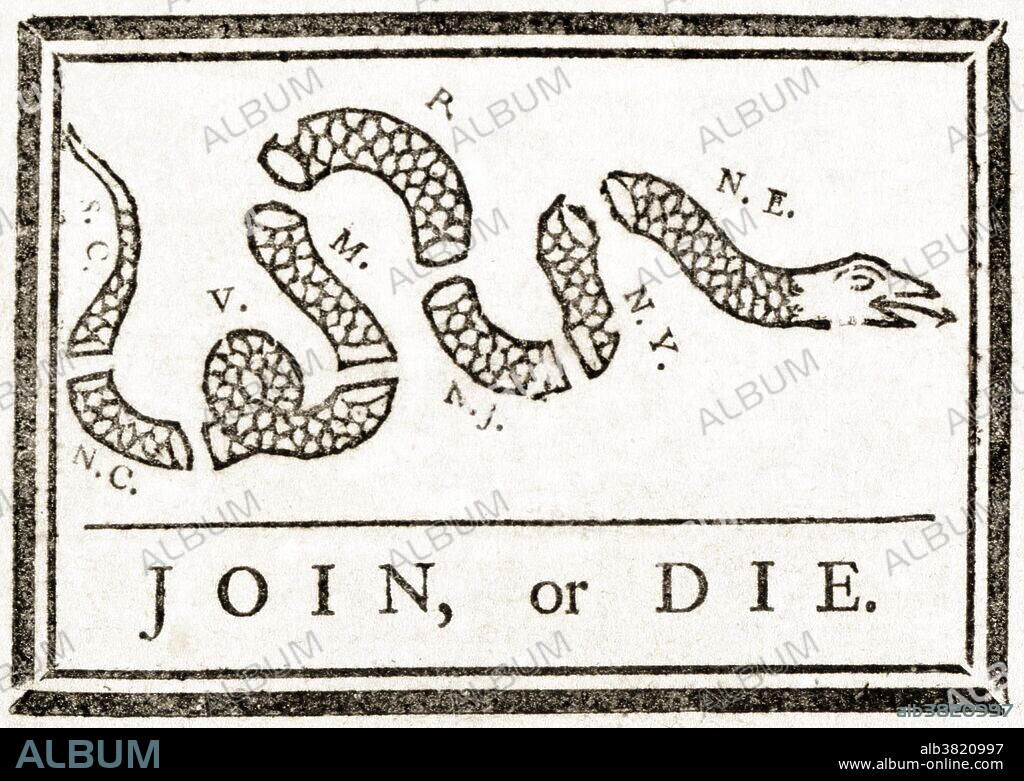 Woodcut entitled: "Join or Die" created by Benjamin Franklin and published in his Pennsylvania Gazette on May 9, 1754. The woodcut shows a snake severed into eighths, with each segment labeled with the initials of a British American colony or region. The position of each colony in the snake corresponds to the geographic position of the colonies along the American coast, with the snake's tail pointing south and the head pointing north. The colonies, from tail to head (south to north), are: South Carolina, North Carolina, Virginia, Maryland, Pennsylvania, New Jersey, New York, and New England (Massachusetts, Rhode Island, Connecticut, and New Hampshire). Delaware and Georgia were omitted completely. The cartoon appeared along Franklin's editorial about the "disunited state" of the colonies, and helped make his point about the importance of colonial unity.