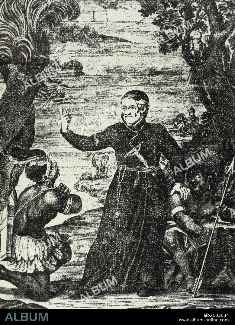 VIEIRA, Antonio (Lisboa, 1608-Bahía, 1697). Eclesiástico y diplomático portugués. En 1614 marchó con sus padres a Brasil. Miembro de la Compañía de Jesús en la que ingresó en 1623, Participó en la reconquista de la colonia a los neerlandeses en 1625. Ddestacó en la defensa de los indios brasileños y de los judíos. "EL PADRE VIEIRA CONVIRTIENDO A LOS BRASILEÑOS". Grabado.