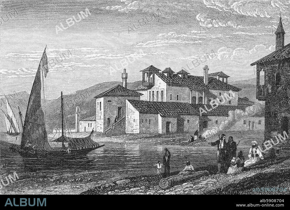 WILLIAM FINDEN. Mesolongion (Missolunghi); capital of Greek administrative district (Nomos). (Nomos) Aetolia-Acarnania at the edge of the lagoon of Mesonongion; most important stronghold in Greek independence since 1821; Heroon: burial place of freedom fighters; heart of Lord Byron is buried there. View of the harbour. Woodcut based on W. Finden.