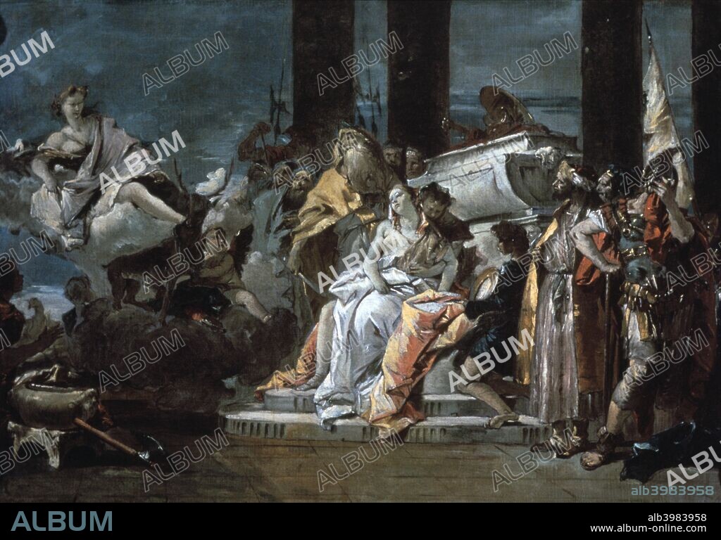 'Sacrifice of Iphigenia', 1735. Artemis, the Greek goddess of hunting, watches the preparations for the sacrifice of Iphigenia, daughter of Agamemnon, that she has demanded. From the University of Arizona Museum of Art, Tucson, Arizona, USA.