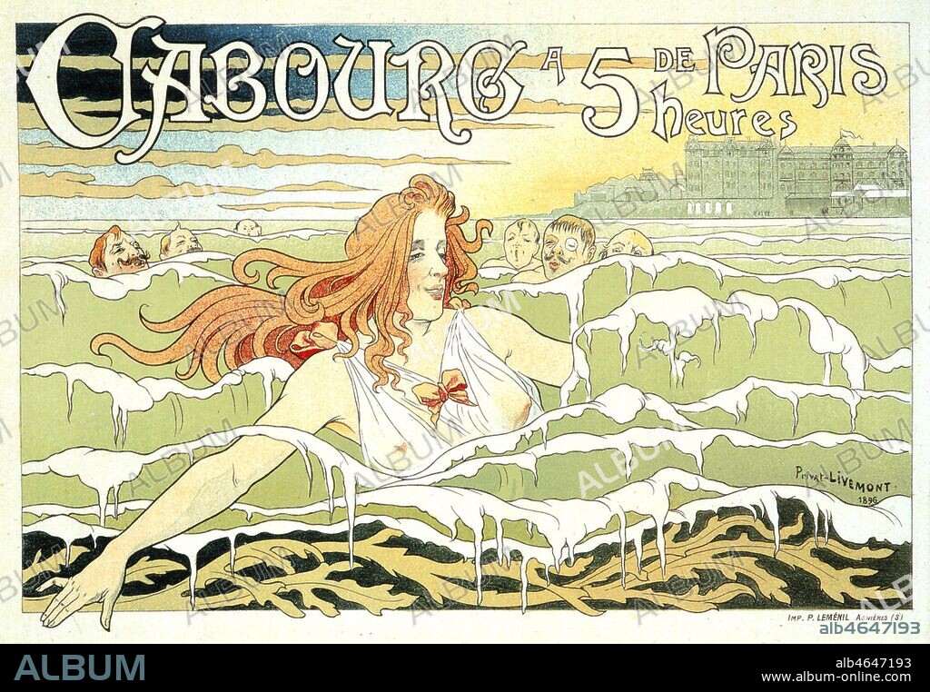 ' Cabourg, a 5 heures de Paris.' La courtisane Emilienne d'Alencon poursuivie par ses admirateurs. Femme se baignant suivie par un groupe d'hommes a la nage. Affiche belge de 1896, illustree par PRIVAT LIVEMONT (1861-1936) , pour la station balneaire et le casino de Cabourg. Credit : Collection KHARBINE-TAPABOR.