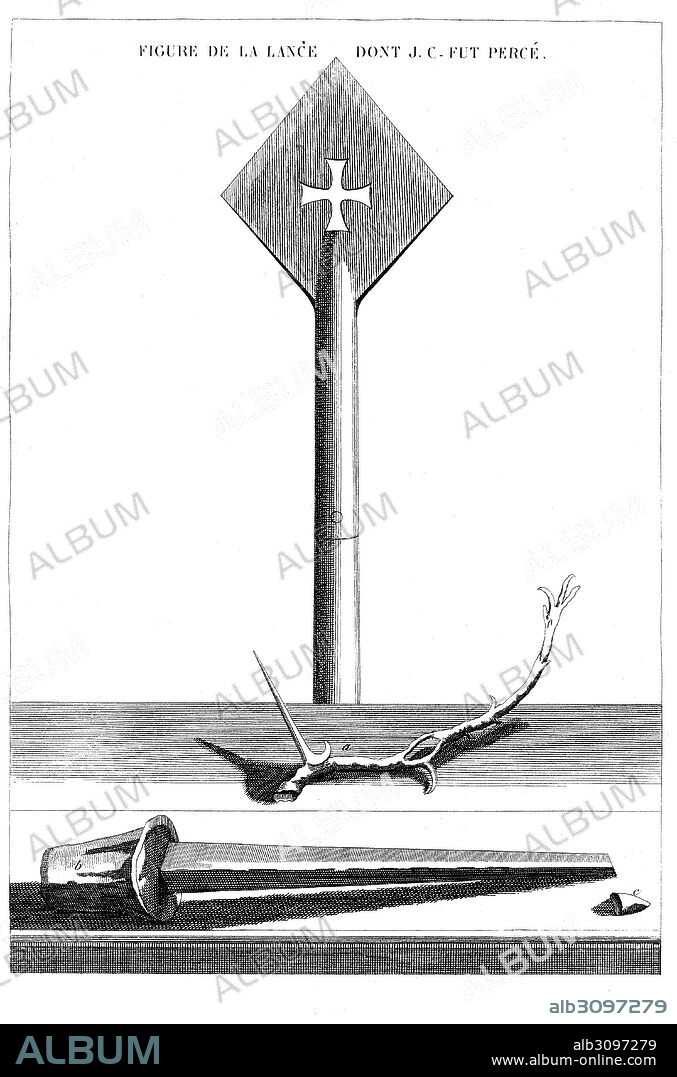 Historia sagrada. Lanza con la que Jesucristo crucifijado fue atravesado en un costado. Rama de la corona de espinas. Clavo y punta de la cruz. Grabado de 1862.