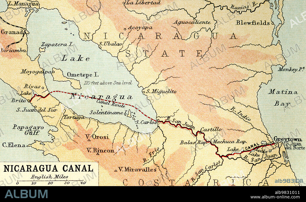 Map showing the Nicaraguan Canal, a proposed shipping route through Nicaragua via Lake Nicaragua in the first decade of the 20th century, which would have connected the Atlantic and the Pacific Oceans. The plan never went ahead after the building of the Panama canal. From The Business Encyclopaedia and Legal Adviser, published 1907.