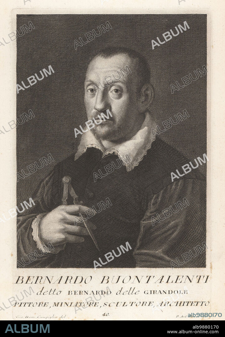 Bernardo Buontalenti, or Bernardo delle Girandole, Italian stage designer, architect, painter, miniaturist, sculptor, military engineer and inventor of Italian gelato or ice cream, c.1531-1608. Self portrait holding a pair of compasses. Pittore, miniatore, scultore, architetto. Copperplate engraving by Pietro Antonio Pazzi after Giovanni Domenico Campiglia after a self portrait by the artist from Francesco Moucke's Museo Florentino (Museum Florentinum), Serie di Ritratti de Pittori (Series of Portraits of Painters) stamperia Mouckiana, Florence, 1752-62.